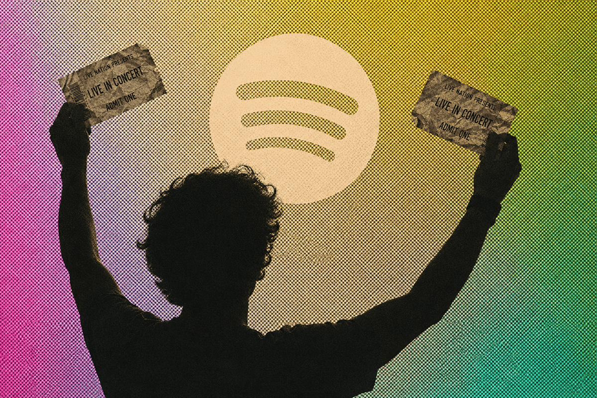 Spotify logo with person holding up concert tickets