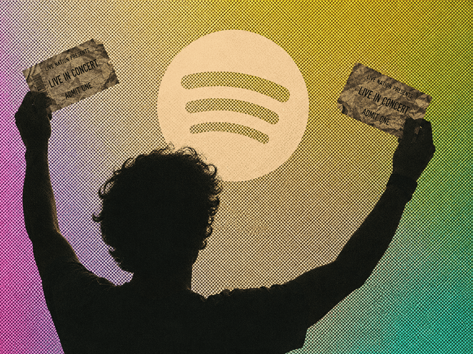 Spotify logo with person holding up concert tickets