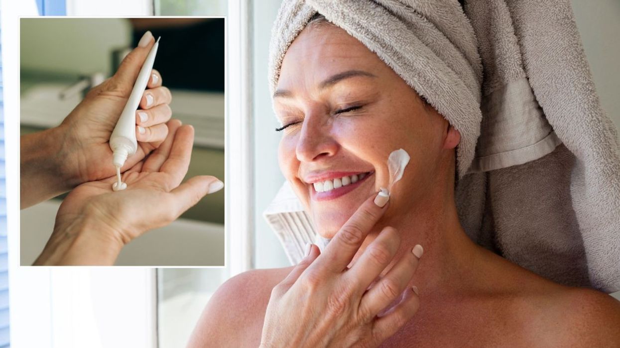 Squeezing cream into hand / Woman applying skin care to face