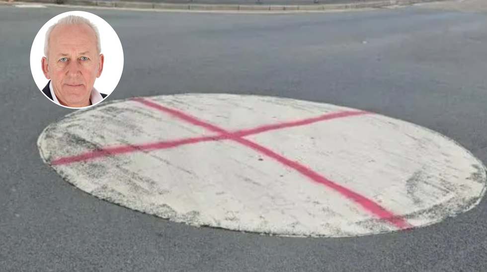 St George's Cross painted on a roundabout in north Wales