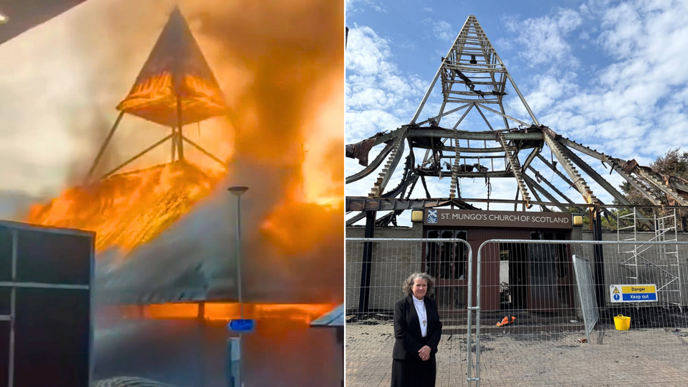 St Mungo's on fire/Reverend Rosie Frew outside the remains of the church in Cumbernauld