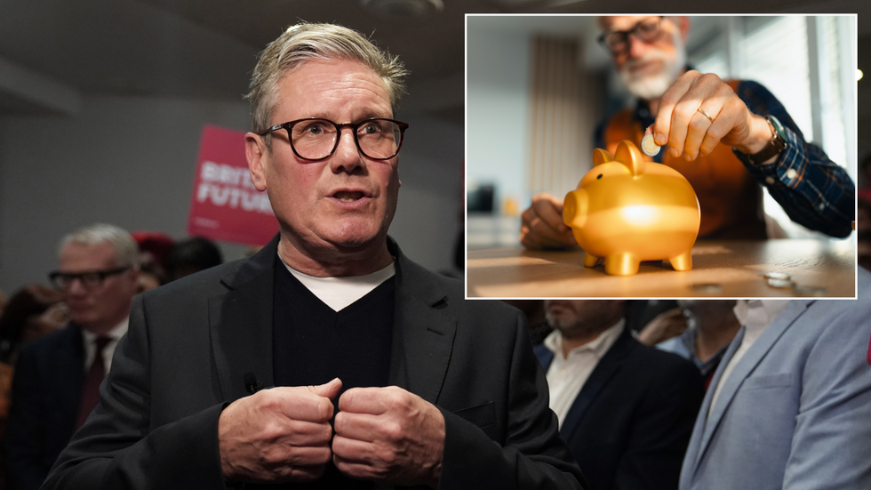 Starmer/Pensioner putting money in a piggybank
