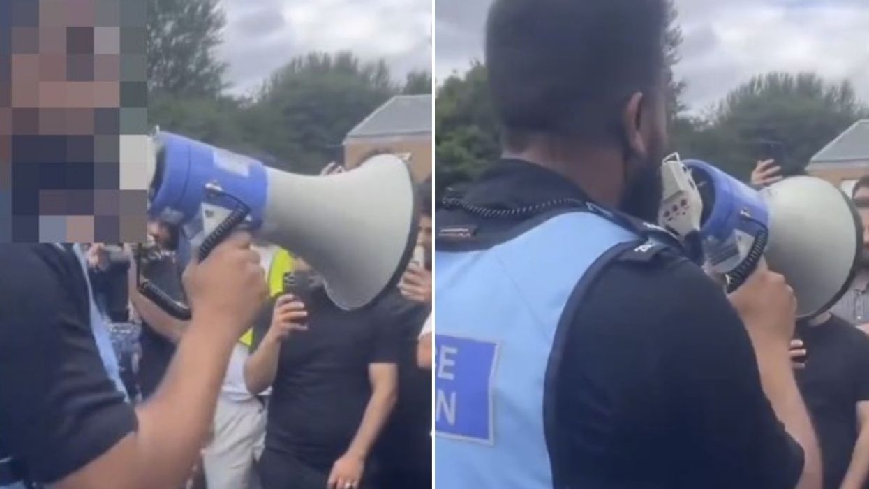 'Stash the weapons in the mosque and we won't have to arrest anyone' police officer filmed telling counter protesters