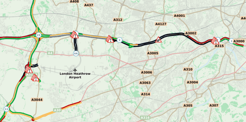 Stationary traffic can be seen on the approach to Heathrow Airport this morning