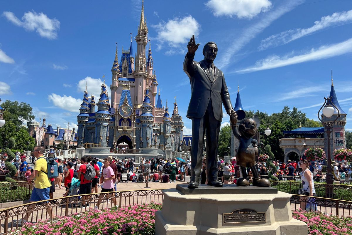 Statue of Walt Disney holding Mickey Mouse's hand in Disney World Resort Orlando