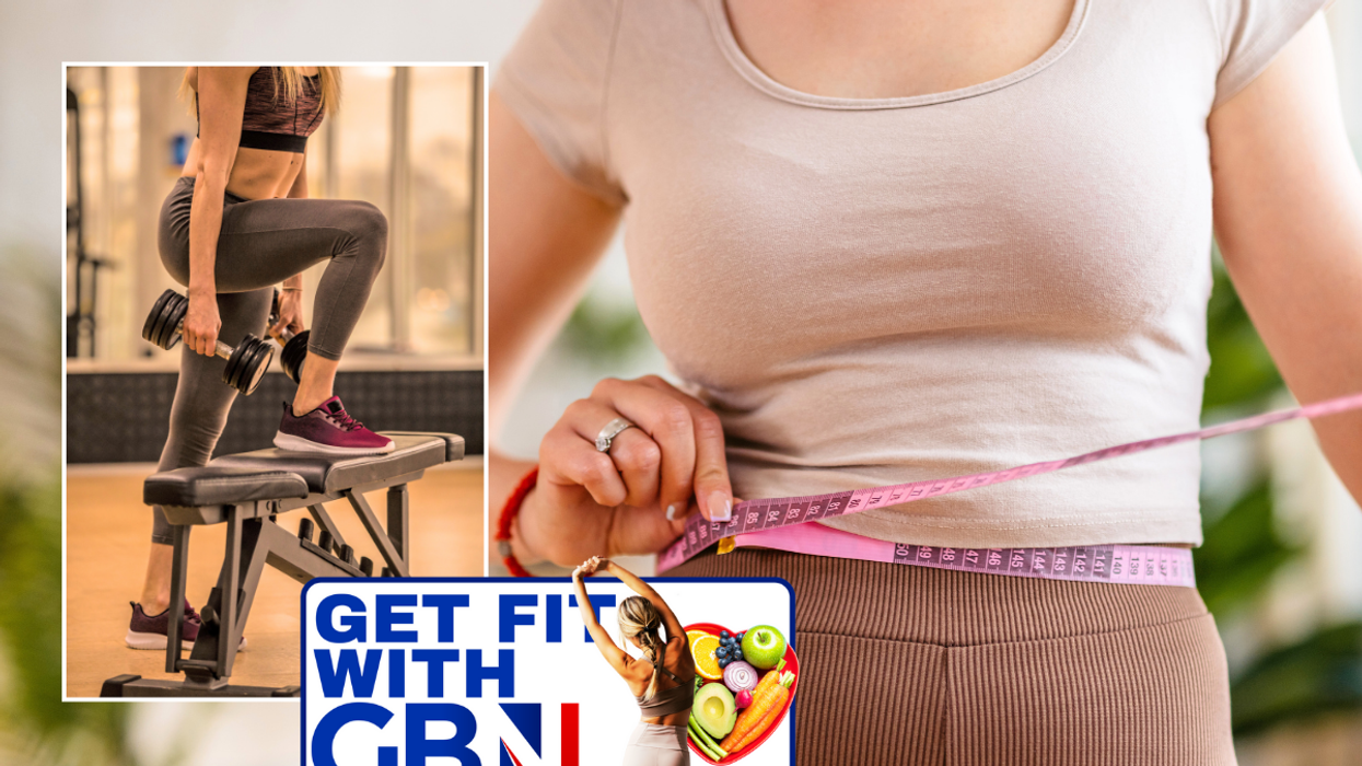 Step up with weights / woman measuring waist