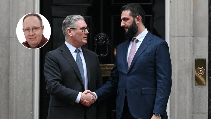 Stephen Pollard (left), Keir Starmer (middle), Ahmed Hussein al-Sharaa (right)