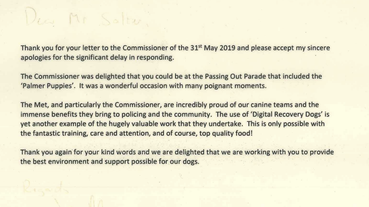 Stephen received a letter from the Metropolitan Police in 2019 about the support he provided to Scotland Yard's canines