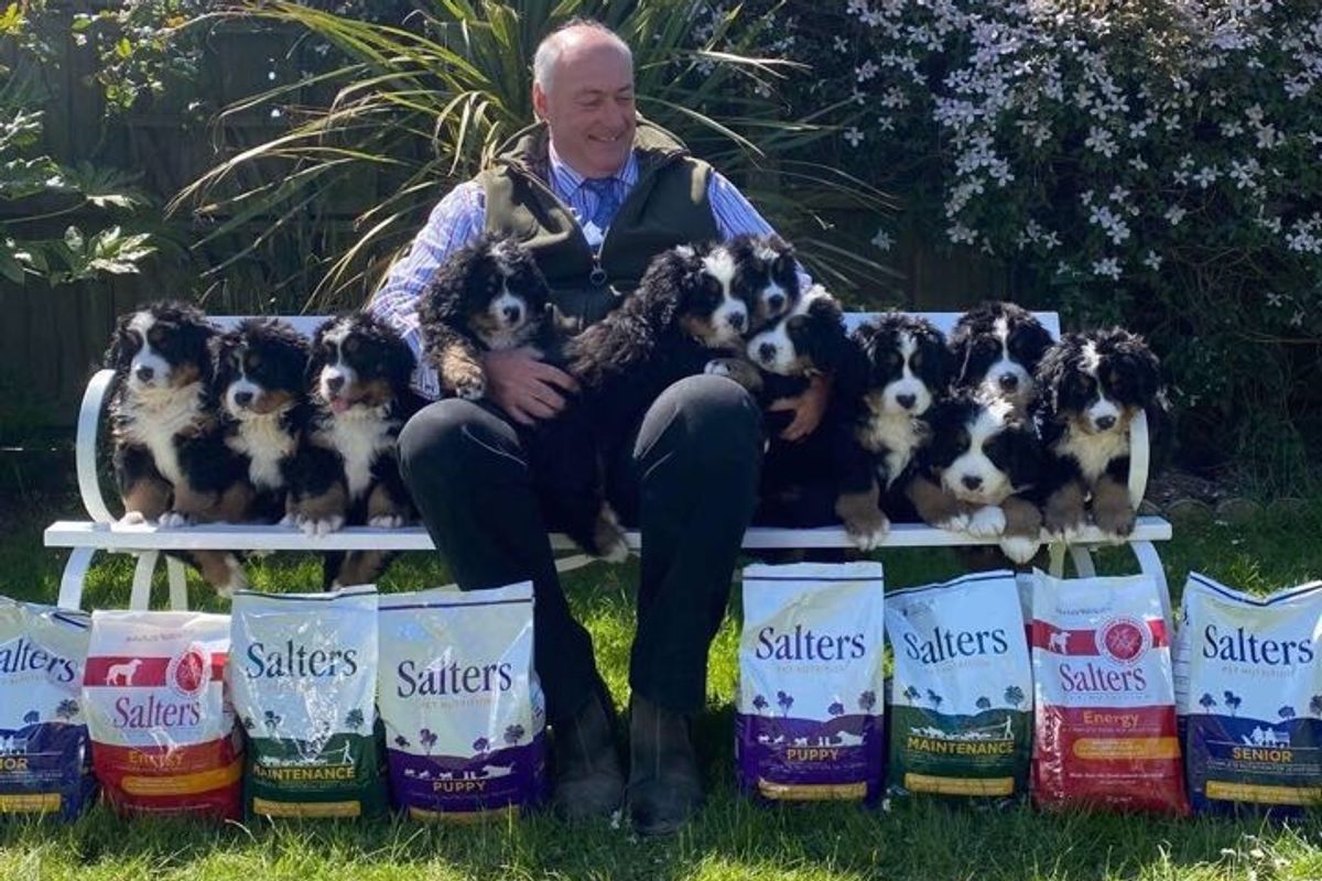 Stephen Salter with 11 puppies and bags of Salters dog food