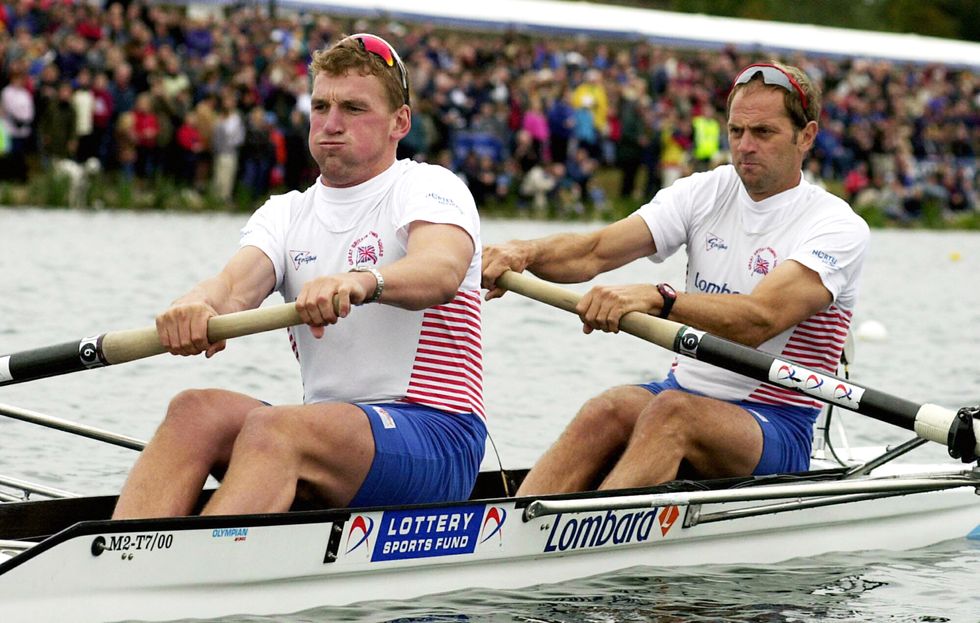 Steve Redgrave (R) and Matthew Pinsent racing in the mens pairs in the Supersprint Rowing Grand Prix at the new international rowing arena in Downey near Slough, Berkshire
