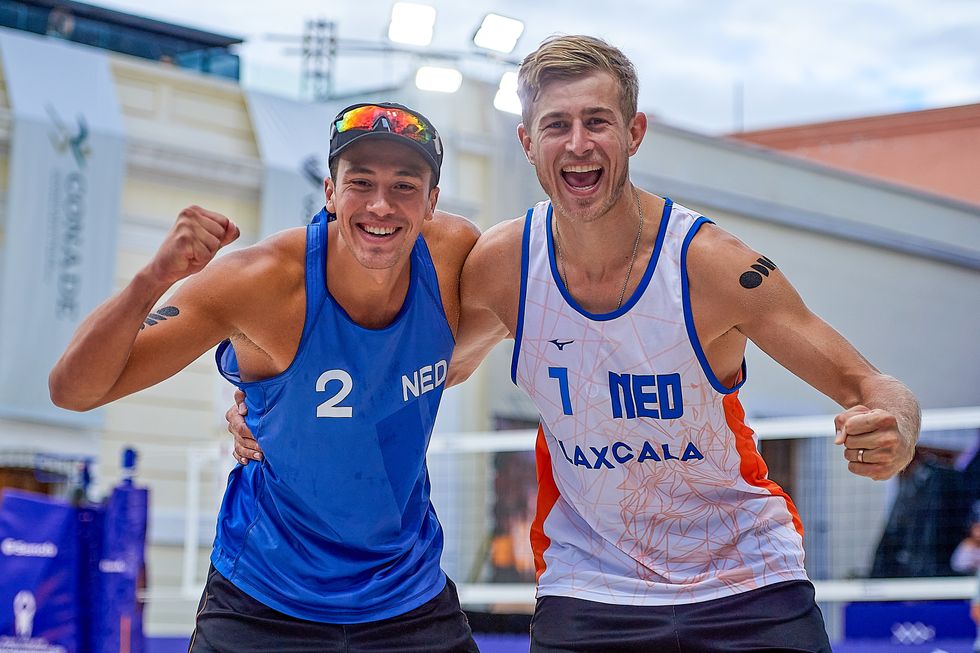 Steven van de Velde of the Netherlands and Matthew Immers of the Netherlands during Day 2 of the Beach World Champs Tlaxcala 2023