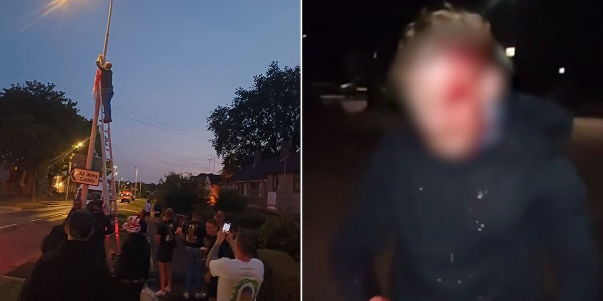 NextImg:Patriotic flag raisers hit with 'petrol bomb' in Stevenage tell GB News their attacker 'tried to kill all of them'