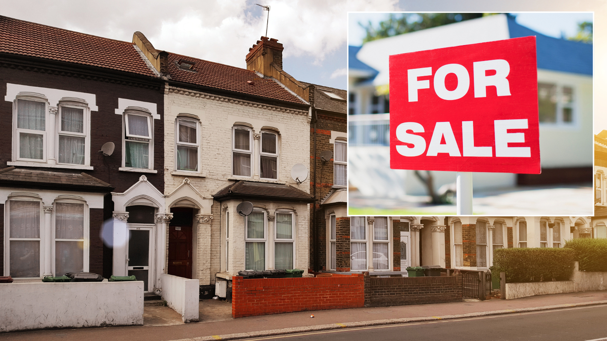 Stock image of London street/For sale sign