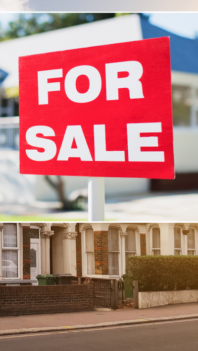 Stock image of London street/For sale sign