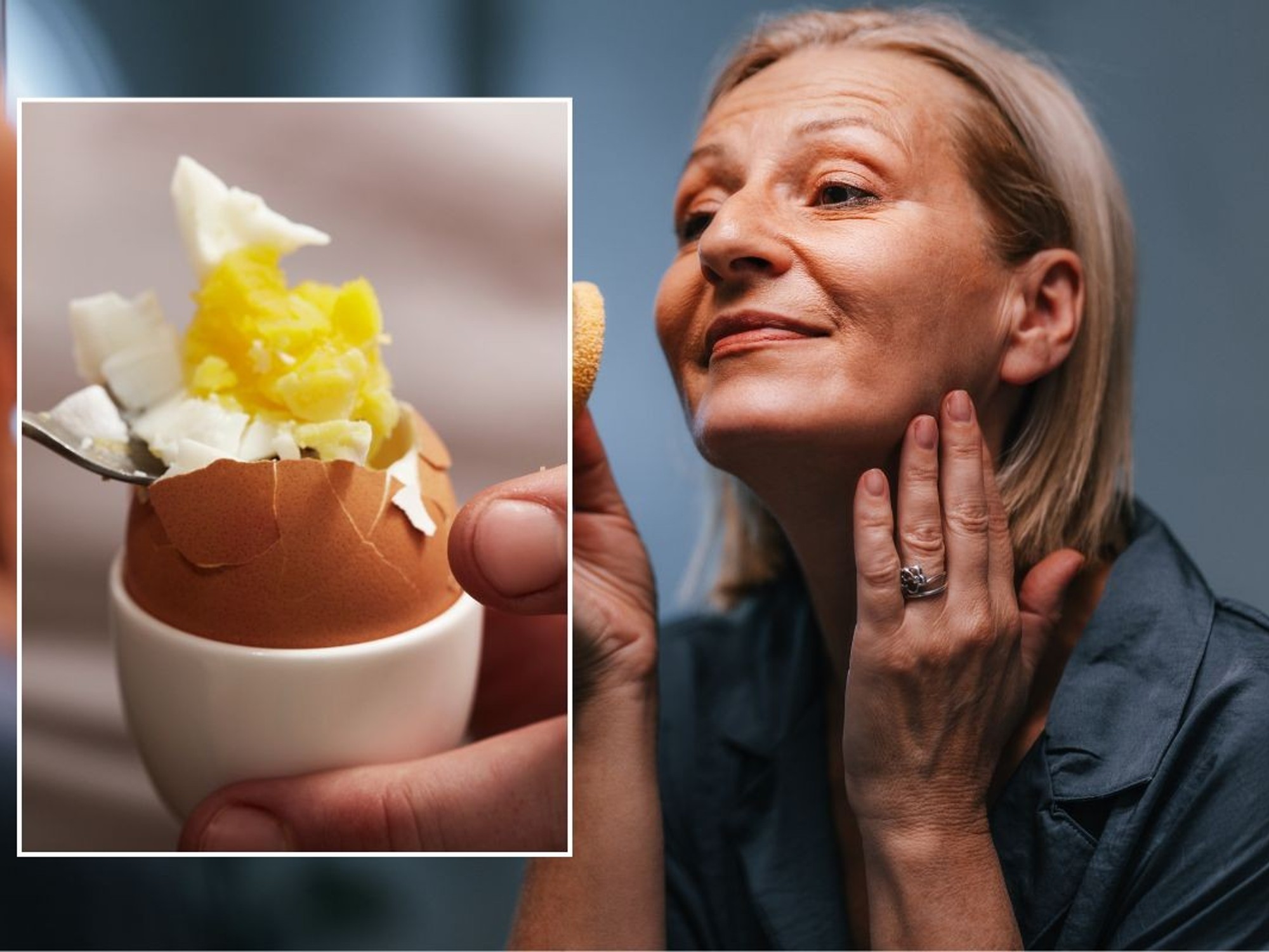 stock image of senior woman and egg