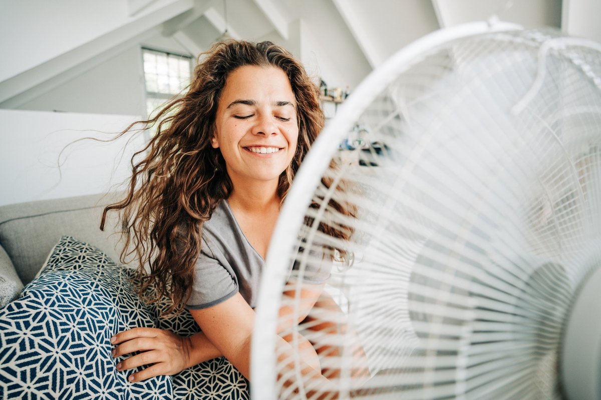Stock image of woman sitting in front of a fan