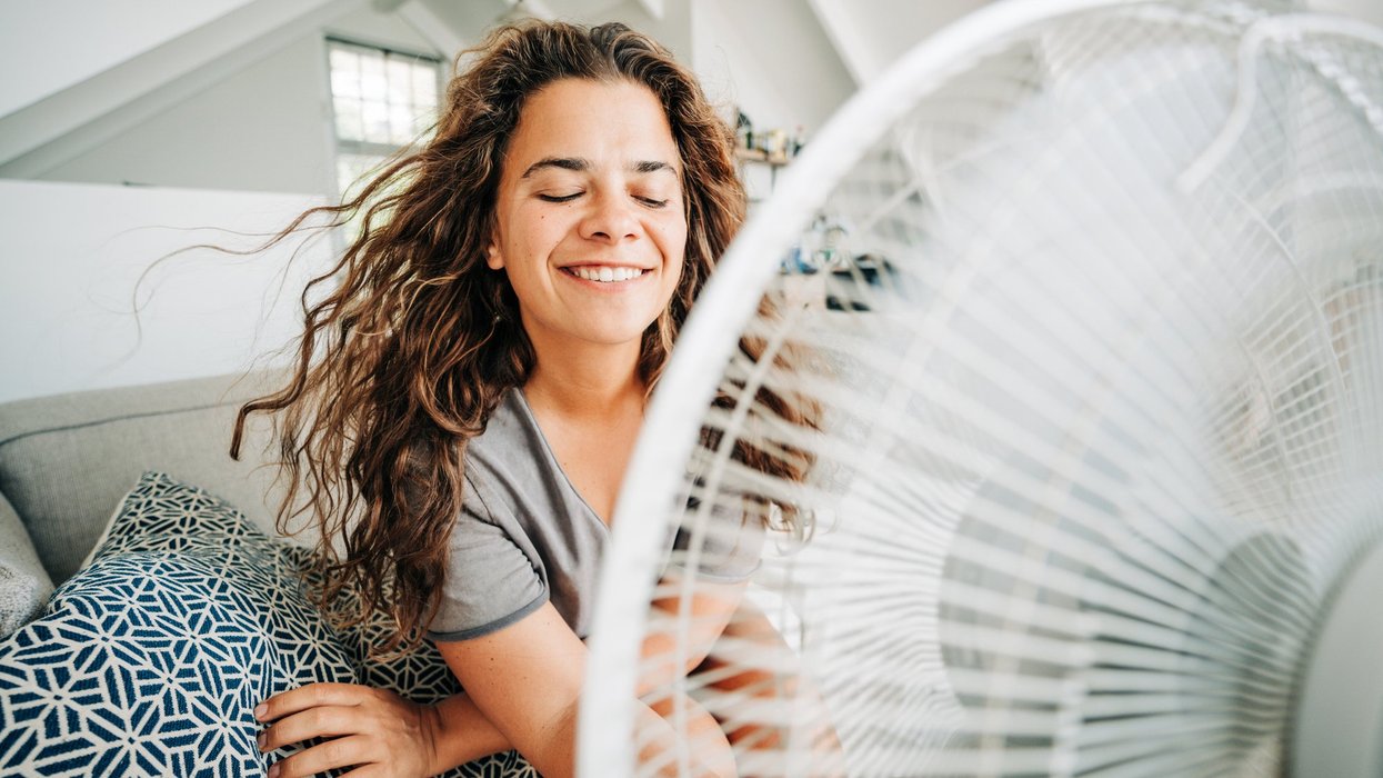 Stock image of woman sitting in front of a fan