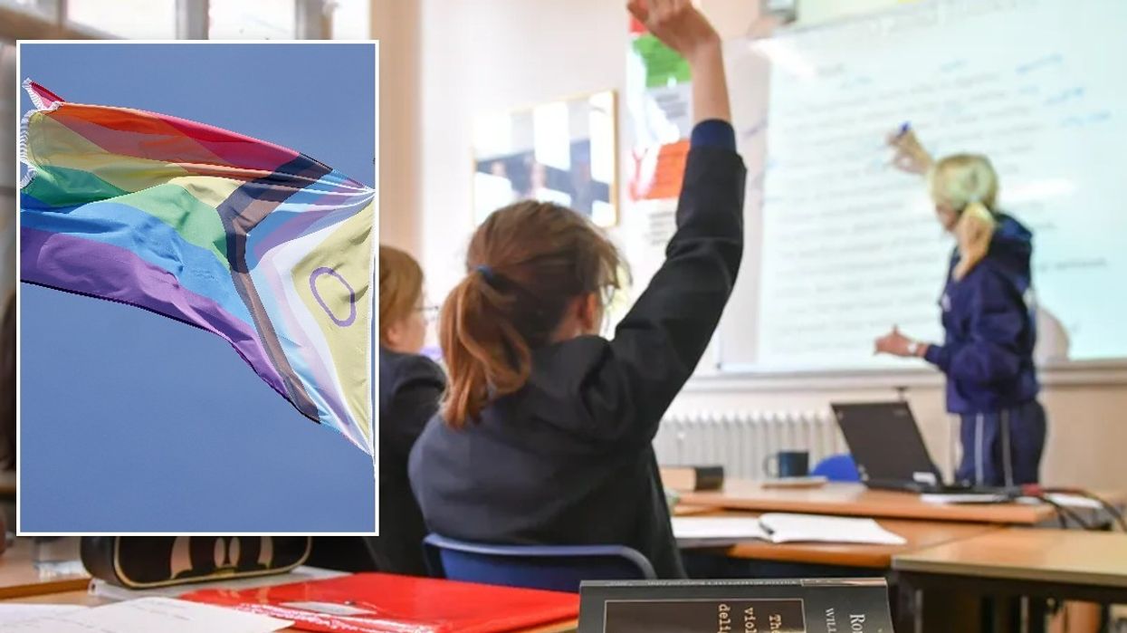 (Stock photo) classroom and LGBTQ flag