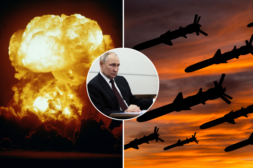 Stock pictures of nuclear weapons and inset of Vladimir Putin