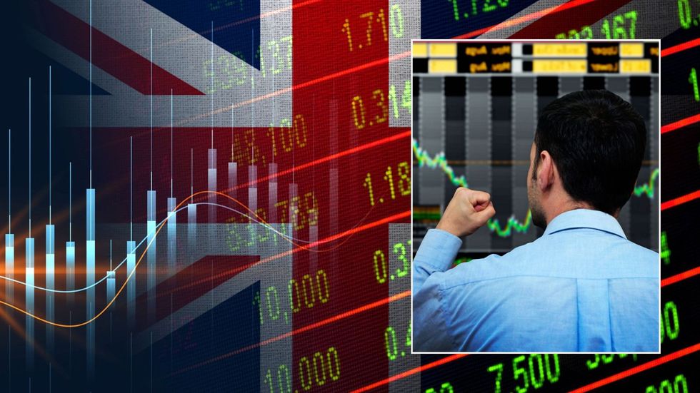 Stock trader happy and economic graph with UK flag behind it