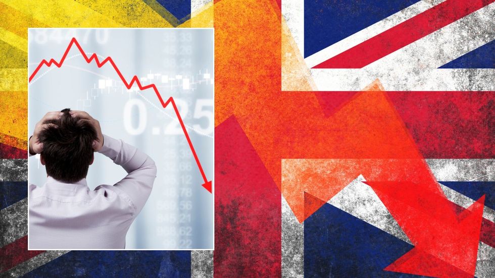 Stock trader panic and economy graph with UK flag point down