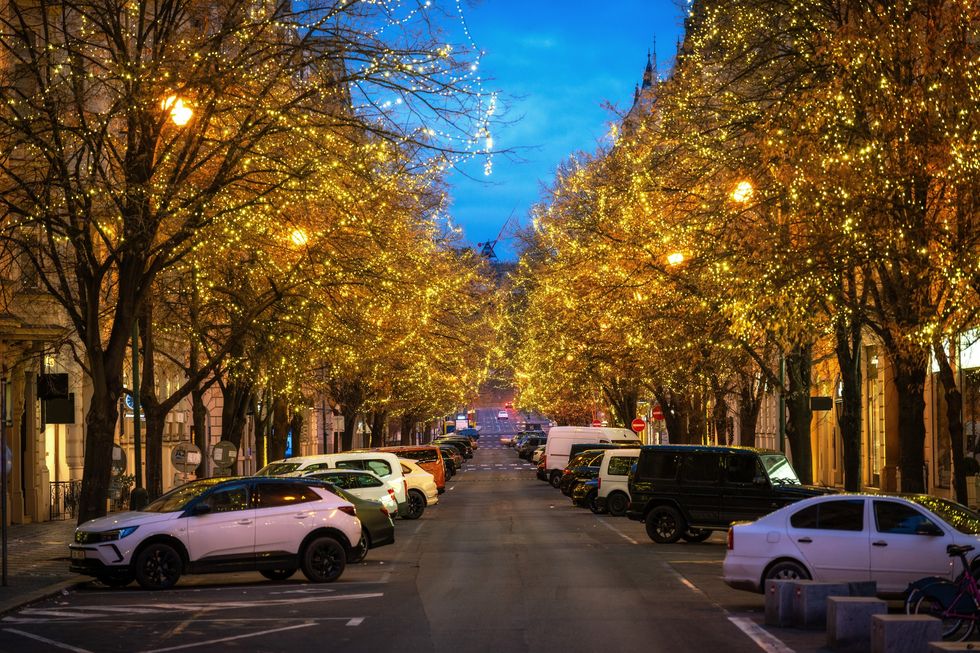 Street lights and parked cars