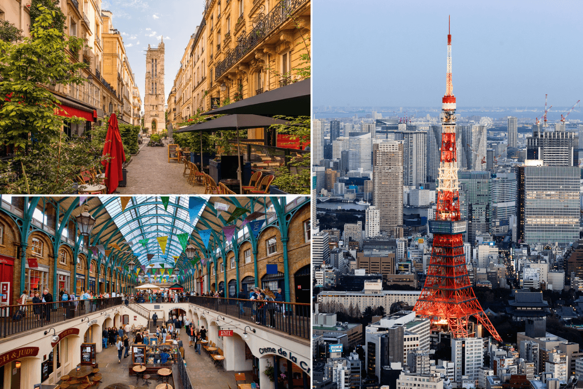 Streets in Paris / Covent Garden London / Tokyo skyline