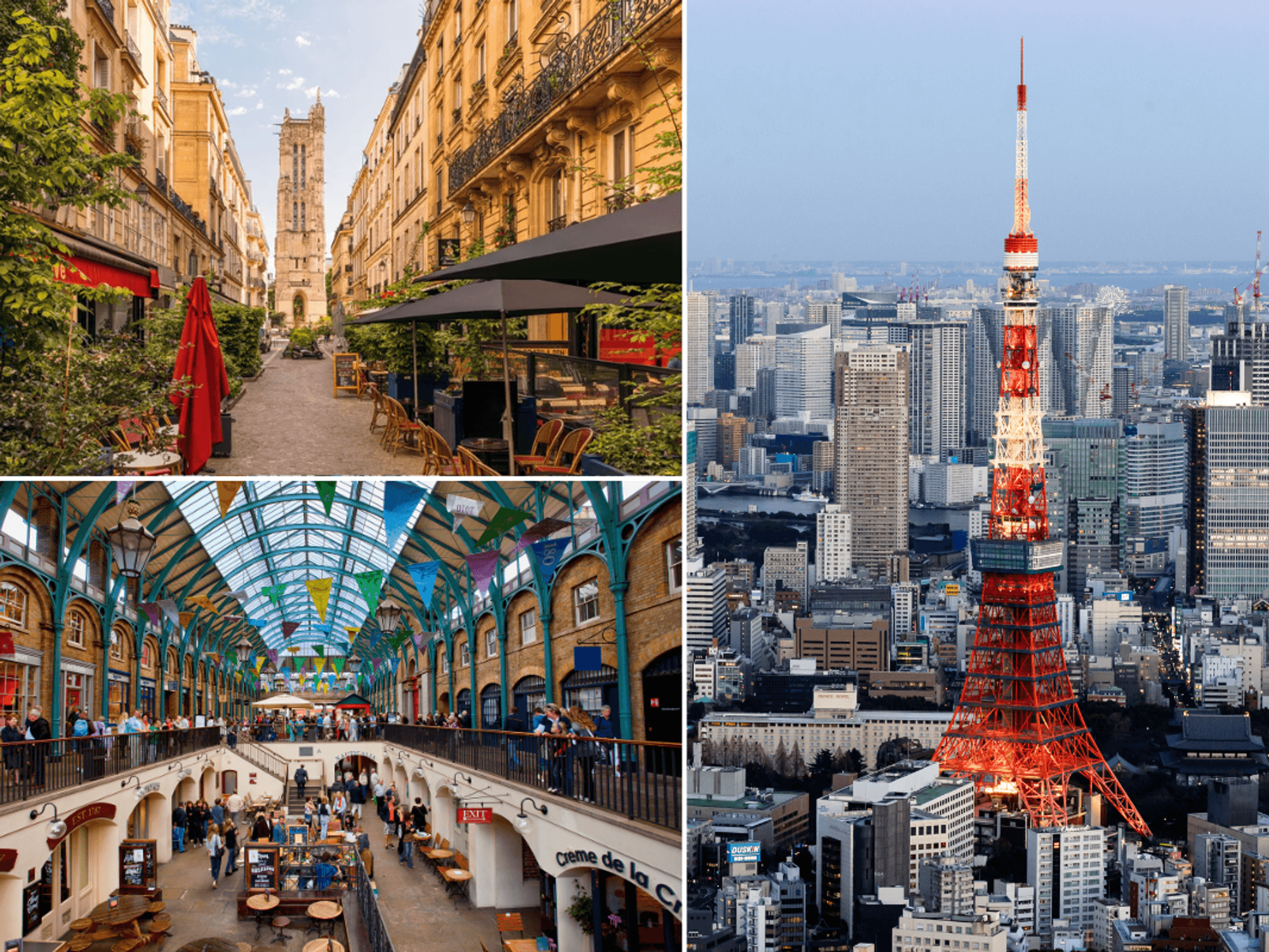 Streets in Paris / Covent Garden London / Tokyo skyline