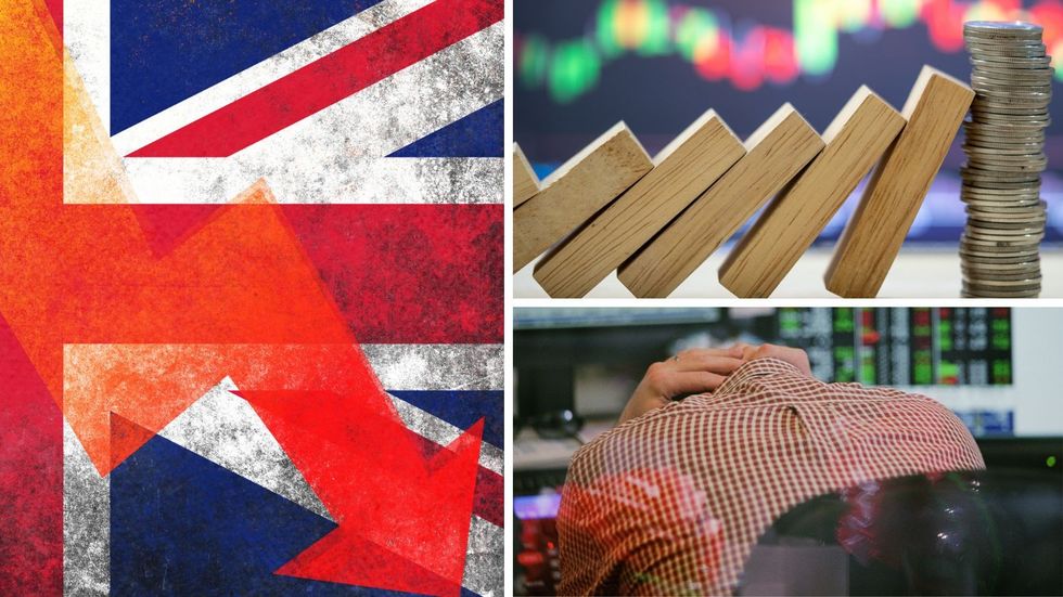Stressed investor, money and graph pointing down with the Union Jack Flag behind it
