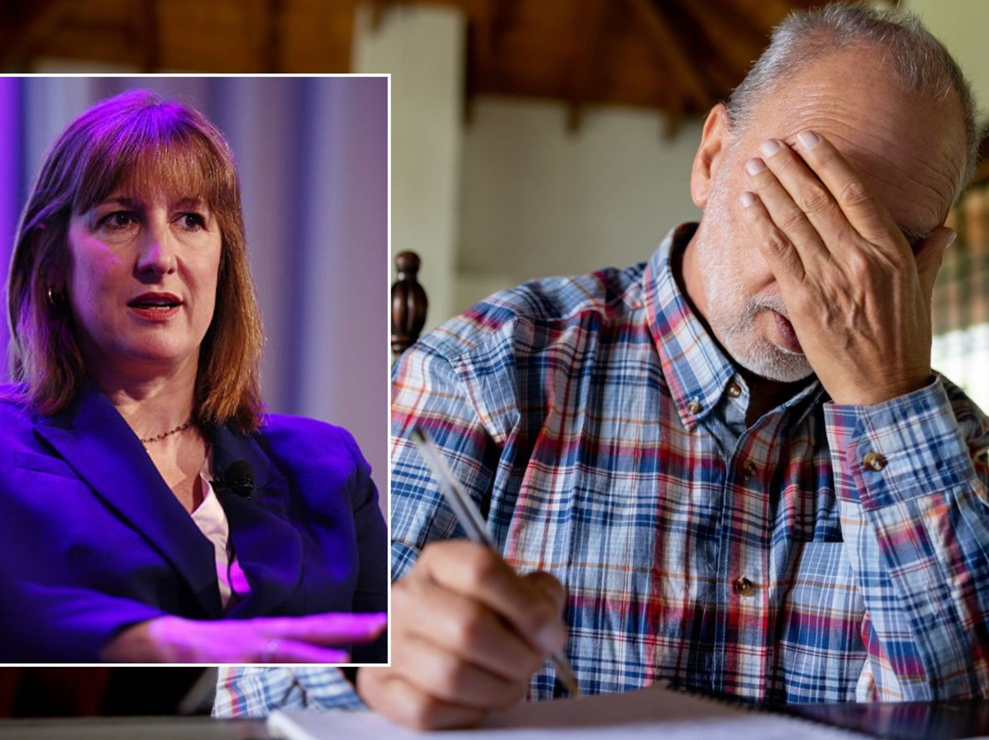 Stressed man and Rachel Reeves