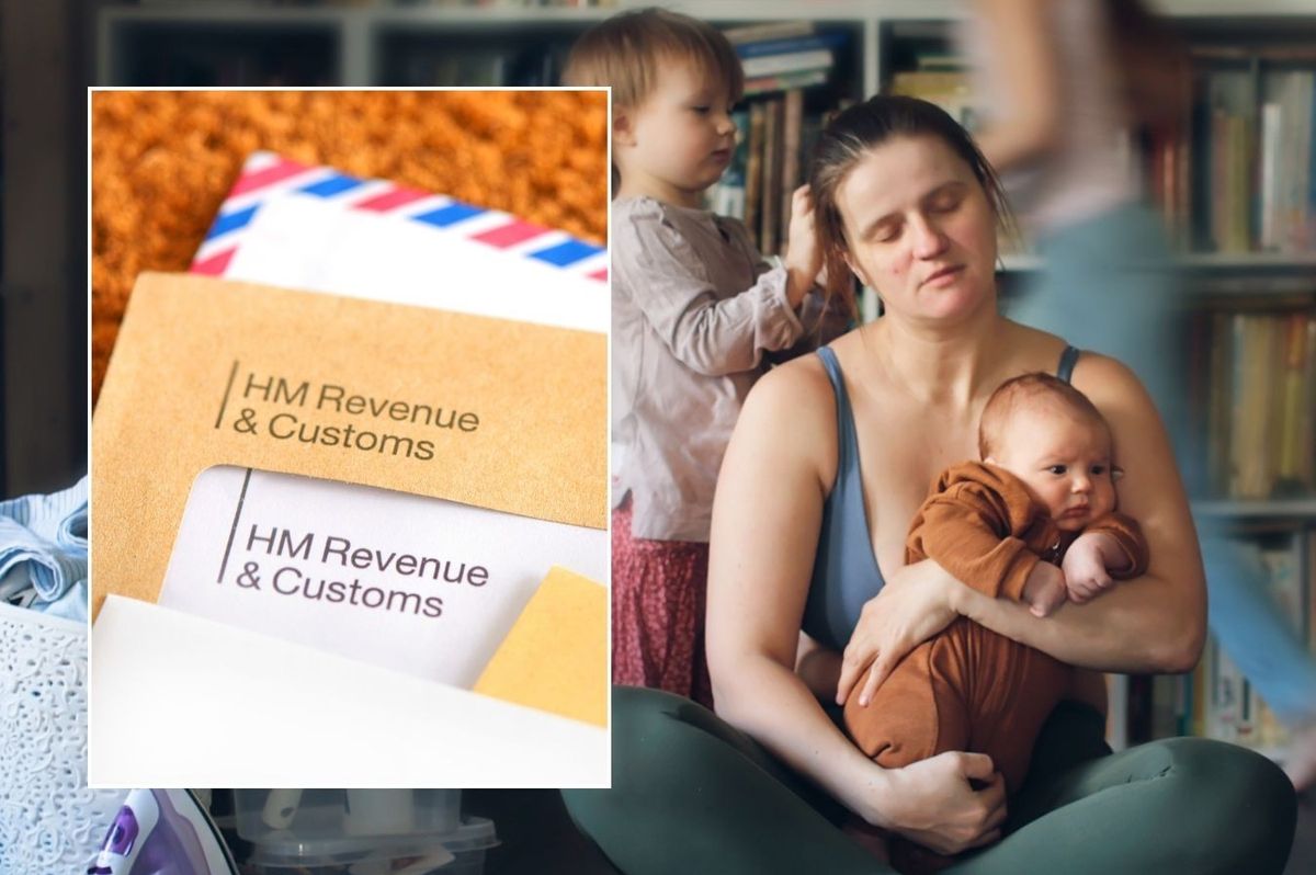 Stressed mother with children and HMRC letter