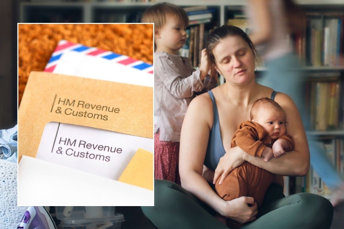 Stressed mother with children and HMRC letter