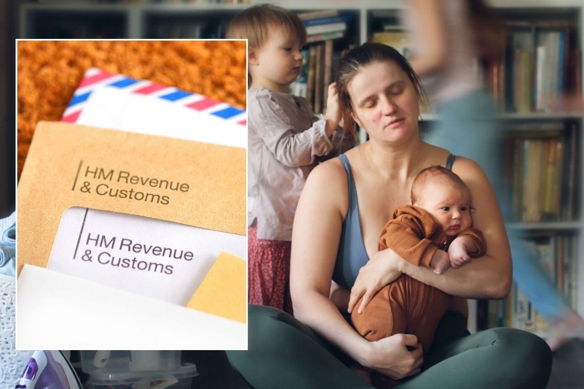 Stressed mother with children and HMRC letter