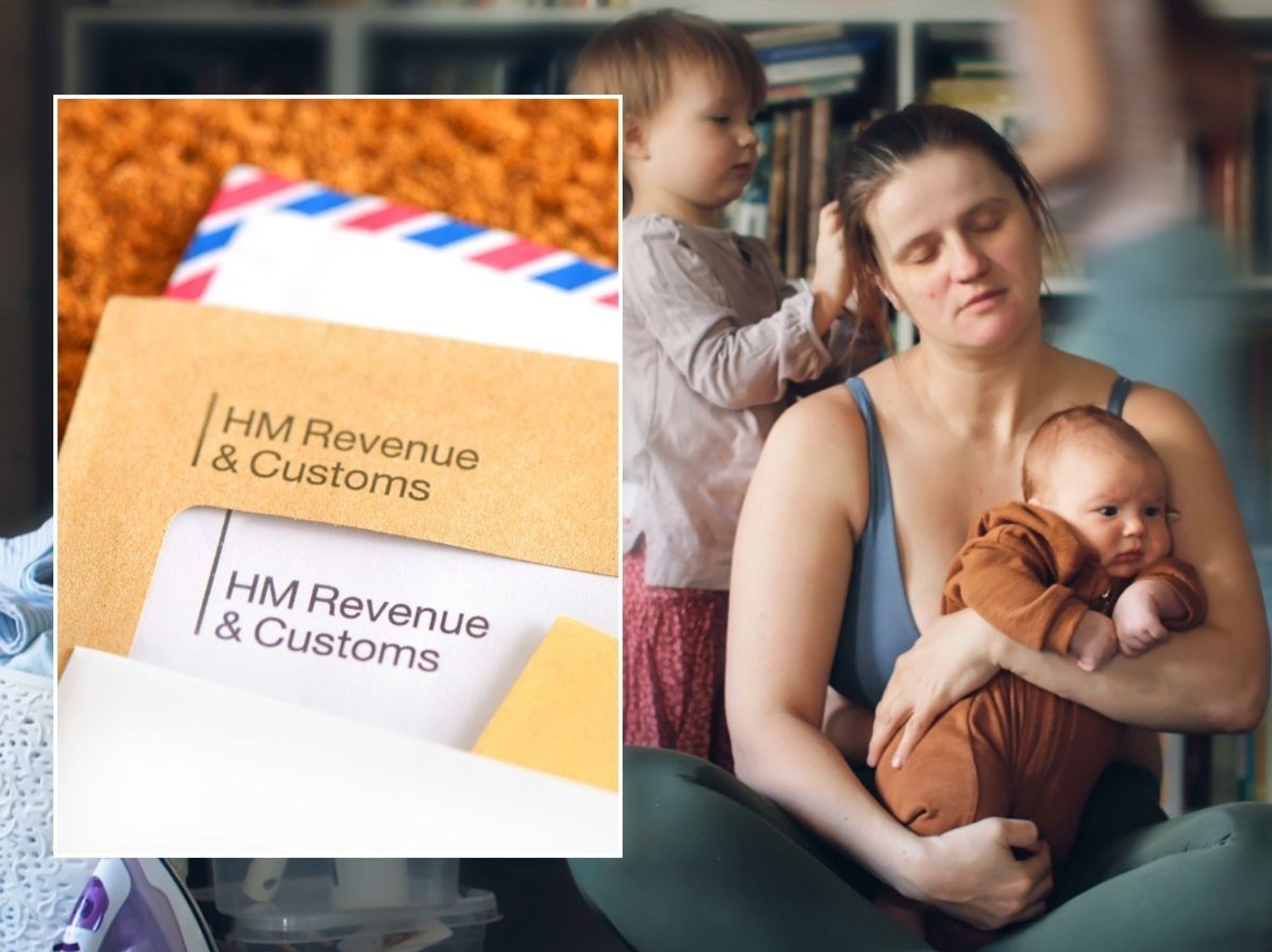 Stressed mother with children and HMRC letter