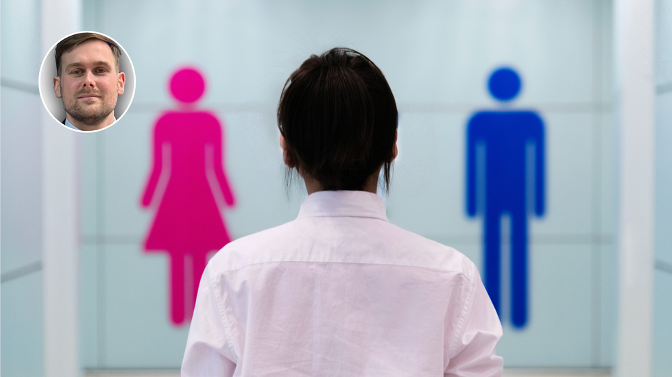 Stuart Fawcett (left), woman in front of women and mens toilet sign (right)