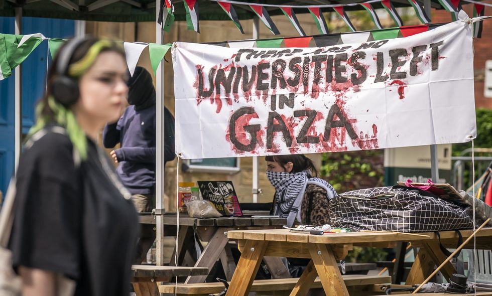 Students at an encampment on the grounds of the University of Leeds, protesting against the war in Gaza