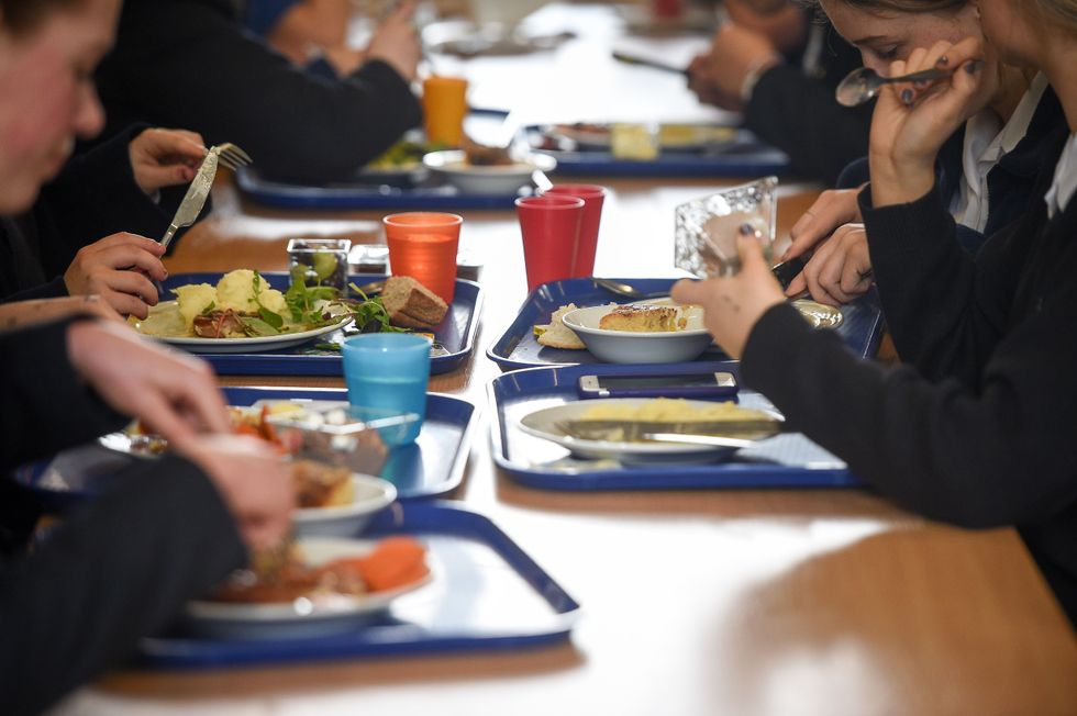 Students eat their school dinner from trays and plates during lunch in the canteen