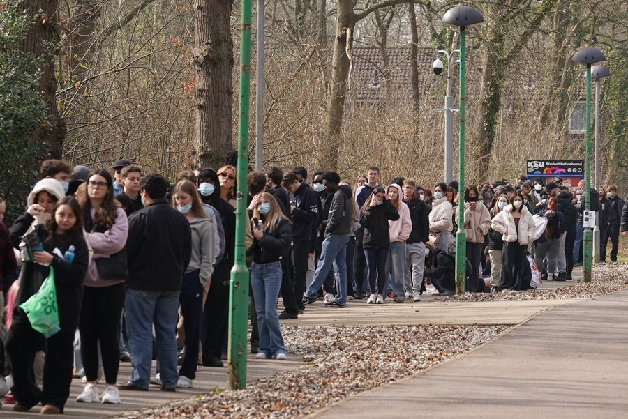 Students in Kent queuing for the meningitis vaccine