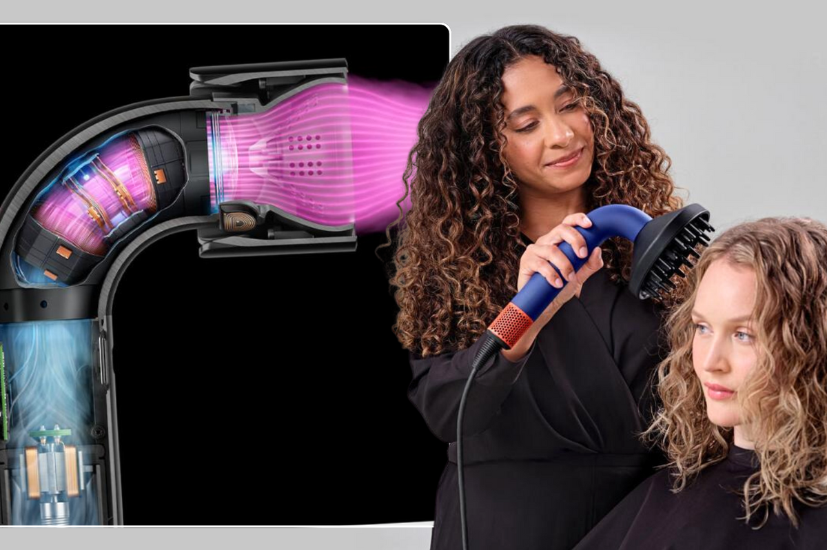 stylist uses the new dyson supersonic r hair dryer with the diffuser attachment with an inset of the internal design of the new model 