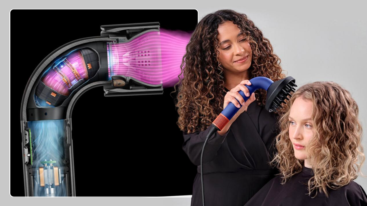 stylist uses the new dyson supersonic r hair dryer with the diffuser attachment with an inset of the internal design of the new model