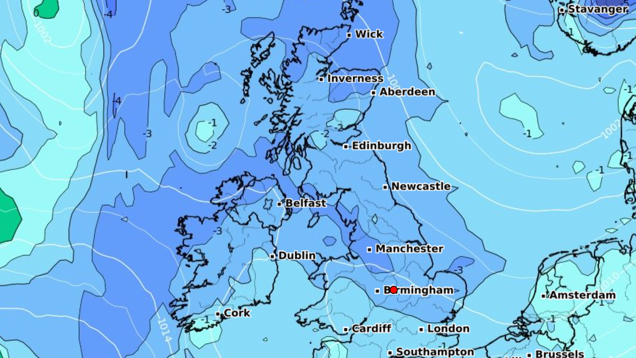 Sub zero temperatures on a weather map