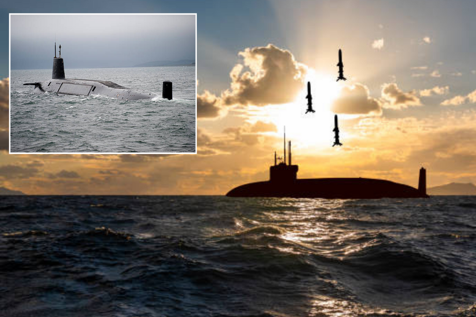 Submarine launching missiles with inset of another submarine