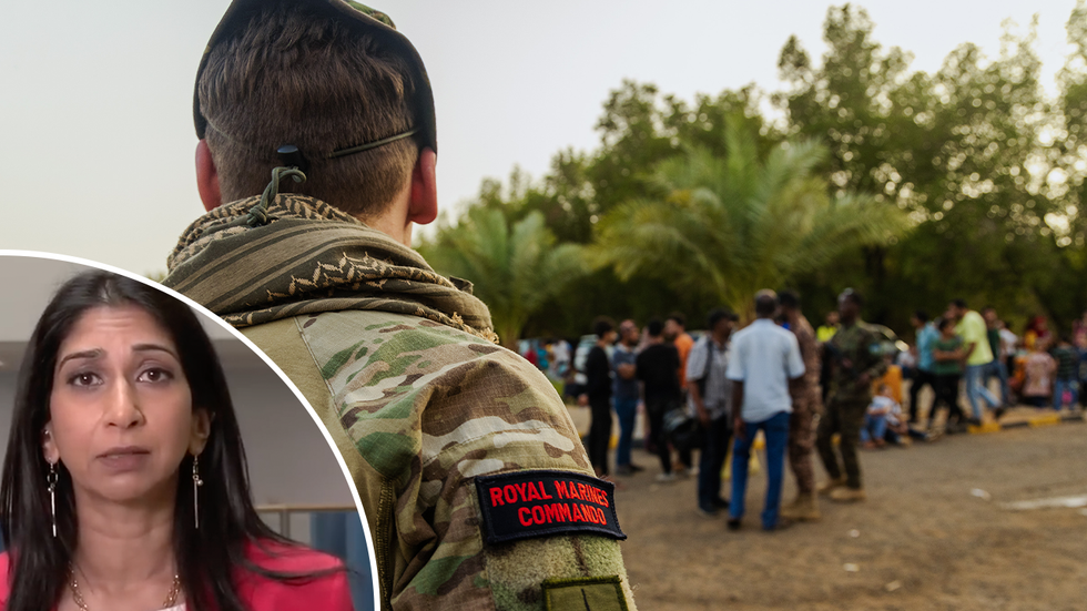 Suella Braverman and a Royal Marine soldier
