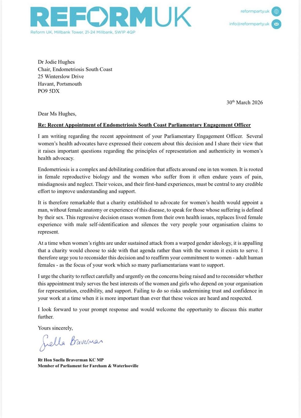 Carta de Suella Braverman