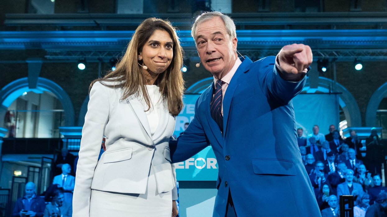 Suella Braverman on stage with Nigel Farage as she defects to Reform UK