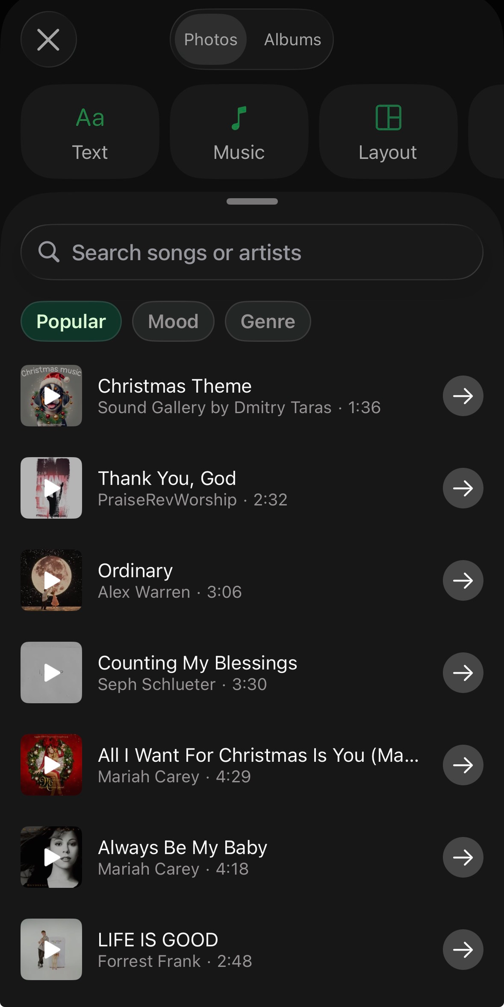 Suggested music displayed for a WhatsApp status update