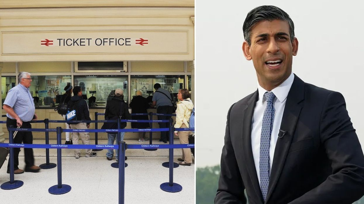 Sunak and a rail ticket office