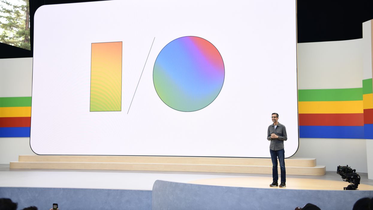 sundar pichai pictured on stage at the Shoreline Amphitheatre in Mountain View California during the google io keynote speech announcing the changes to Google Gemini