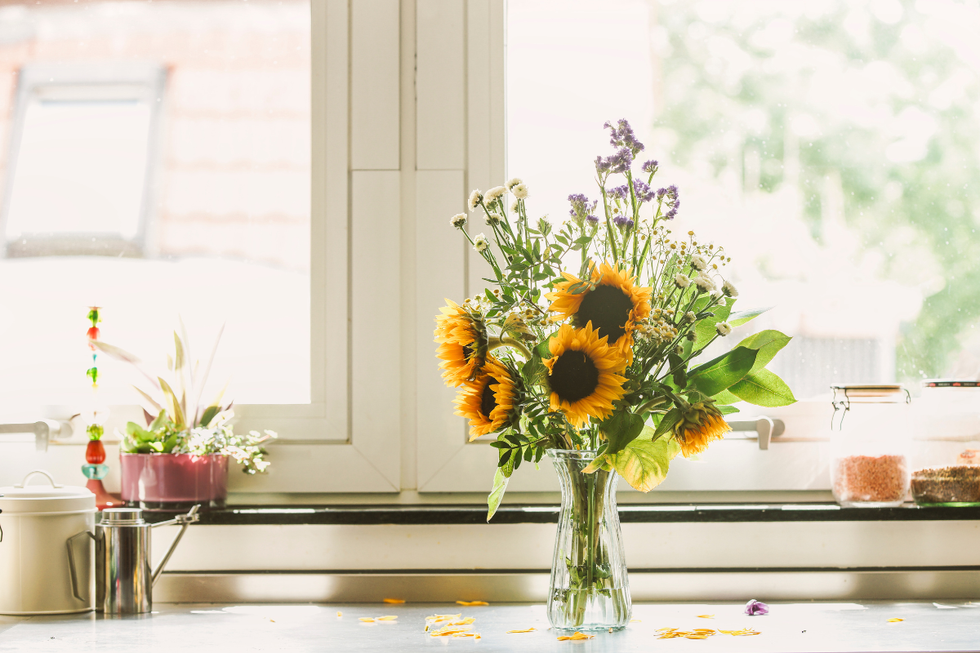 Sunflowers wilting on a kitchen side