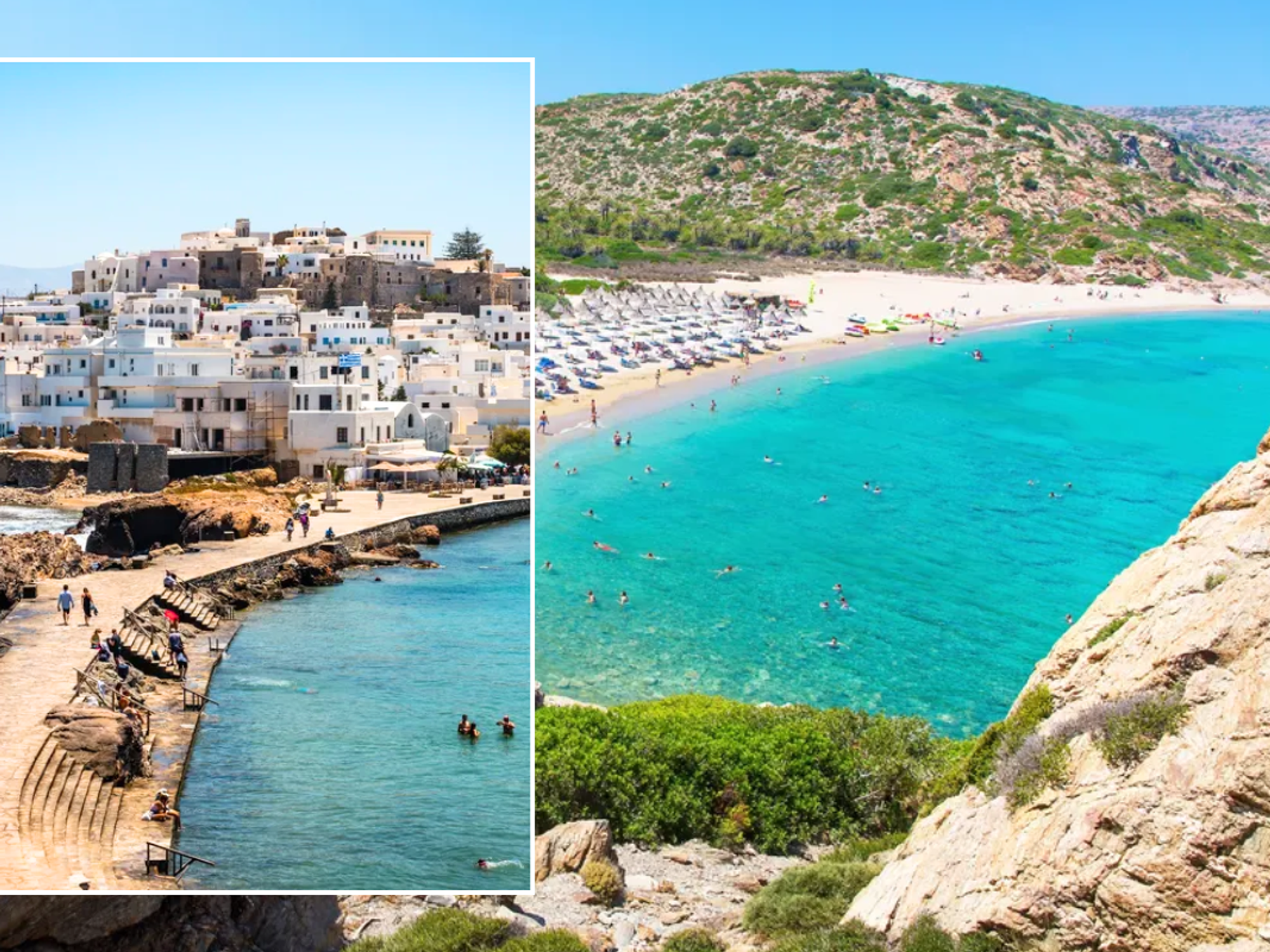 Sunny beach in Greece / View of a town in Greece